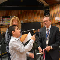 <p>Jay Tapia Morquecho speaks at Wednesday&#x27;s Bedford Central school board meeting, where he was honored by BOCES as a student of distinction.</p>