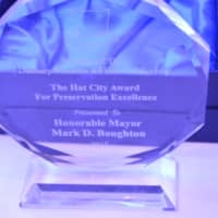 <p>Mayor Mark Boughton is presented with The Hat City Award for Preservation Excellence</p>