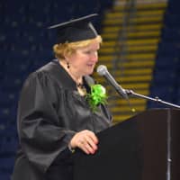 <p>Interim Superintendent of Schools Frances Rabinowitz addresses the graduates at the Bassick High School commencement.</p>