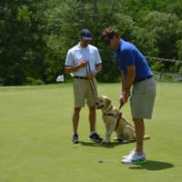 <p>Eli Manning makes a blindfolded putting attempt at the Mount Kisco Country Club. Manning made his 10th-annual visit to the club on Monday after part of Guiding Eyes for the Blind&#x27;s fundraiser.</p>