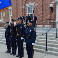 <p>Members of the New Canaan Police Honor Guard post the colors at the Sept. 11 ceremony.</p>