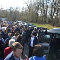 <p>A large group of supporters surrounds Hillary and Bill Clinton after the two voted at their Chappaqua polling place.</p>