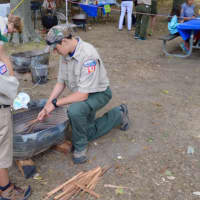<p>Darien Boy Scouts build a campfire for the Camporee</p>