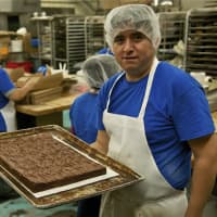 <p>A baker with a freshly-iced tray of brownies.</p>