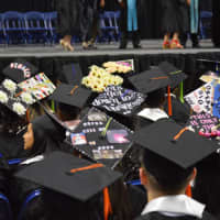 <p>A sea of decorated mortarboards</p>