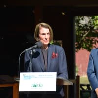 <p>Dee DelBello, wife of the late Westchester County Executive Al DelBello, speaks at the dedication ceremony at Muscoot Farm. The farm was officially renamed in her husband&#x27;s honor. Current Executive Executive Rob Astorino is pictured at right.</p>