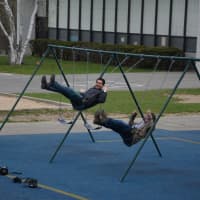 <p>A pair of journalists ride on swings at Douglas G. Grafflin Elementary School in Chappaqua. The journalists were part of a large media gaggle on hand to cover Hillary Clinton casting her vote in New York&#x27;s Democratic presidential primary.</p>