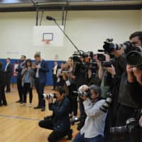 <p>A gaggle of reporters assembles in the gym at Chappaqua&#x27;s Douglas G. Grafflin Elementary School, which serves as Hillary Clinton&#x27;s polling place.</p>