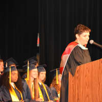 <p>Stissing Mountain High School Principal Tara Grieb addresses the 2016 commencement.</p>