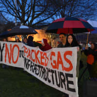 <p>Demonstrators in Chappaqua call on Hillary Clinton to weigh in on the proximity of a pipeline to Indian Point.</p>