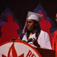 <p>Sorvina Carr, Fox Lane High School&#x27;s 2016 student speaker, gets help from fellow graduate Dylan Tai to deliver an a cappella rap about the class&#x27; history. Tai provided an improvised beatbox sound to Carr&#x27;s lyrics.</p>