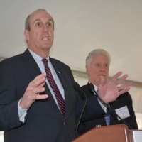 <p>Westchester Deputy County Executive Kevin Plunkett speaks prior to a symbolic groundbreaking at Chappaqua Crossing.</p>