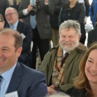 <p>In contrast to tense meetings over the years, Tuesday&#x27;s Chappaqua Crossing groundbreaking was calm. Pictured in the foreground are New Castle Town Board members Adam Brodsky and Lisa Katz. Summit/Greenfield attorney John Marwell is in the background.</p>