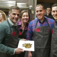 <p>From L: Dutchess County Executive Marcus Molinaro shows off a dish he made in the kitchen, with HVRW Founder Janet Crawshaw, Cheesemaker Colin McGrath (Sprout Creek Farm) and Bluestone Bistro Executive Chef and owner Michael Polasek.</p>