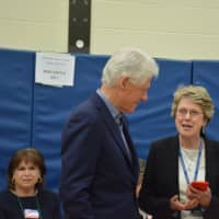 <p>Hillary and Bill Clinton chat with Chappaqua Schools Superintendent Lyn McKay. The Clintons came to Douglas G. Grafflin Elementary School on Tuesday to cast their votes for New York&#x27;s Democratic presidential primary.</p>