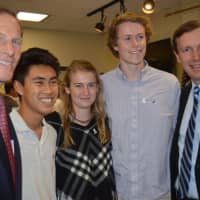 <p>U.S. Sens. Richard Blumenthal, left, and Chris Murphy, right, pose with Fairfield Warde High School seniors Peter Hwang, Jacqueline Kaiser and Max Lee at a Domestic Violence Awareness Month roundtable in Fairfield.</p>