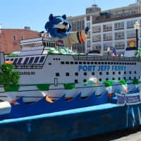<p>The Bridgeport Sound Tiger waved from atop the Port Jefferson Ferry float.</p>