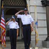 <p>Saddle Brook Police Chief Robert Kugler with his &quot;Chief For A Day&quot; Samantha Maniscalco.</p>