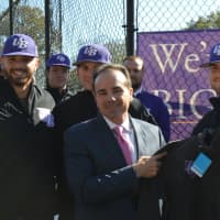 <p>Bridgeport Mayor Joe Ganim and members of the UB baseball team celebrate the renovations to Diamon #1 at Seaside Park.</p>
