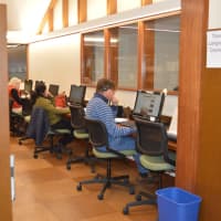 <p>Patrons use a bank of computers at Weston Public Library.</p>