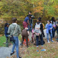 <p>Beardsley Zoo educator Gian Morresi helps students release brook trout into the Pequonnock River in Beardsley Park.</p>