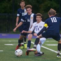 <p>Walter Panas and John Jay locked horns on the soccer field Wednesday at Cross River.</p>