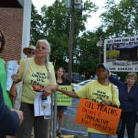 <p>Protestors from the Coalition to Ban Unsafe Oil Trains being stopped from entering the Bergenfield municipal building.</p>