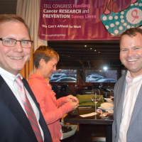 <p>Stratford Mayor John Harkins and Fairfield Selectman Chris Tymniak are all smiles at the Real Men Wear Pink Happy Hour for Hope.</p>