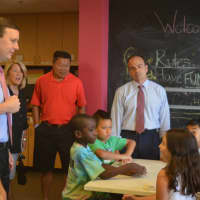 <p>U.S. Sen. Chris Murphy talks with children at the Smilow-Burroughs Clubhouse in Bridgeport.</p>