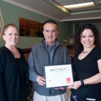 <p>Daily Voice Director of Media Initiatives/Managing Editor Managing Editor Joe Lombardi (center) delivers first-place plaque to Marian Feliciotto (L) and owner Carina Evangelista.</p>