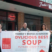 <p>From L: Marian Feliciotto, Daily Voice Director of Media Initiatives/Managing Editor Joe Lombardi and Carina Evangelista hold up DVLicious banner.</p>