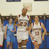 <p>Greeley&#x27;s Lauren Brown (23) and Ashly Rosenberg (13) come up the court.</p>