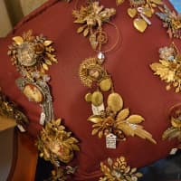 <p>Vintage-style jewelry displayed on a pillow at the Classic Creations Boutique at The Hermitage in Ho-Ho-Kus.</p>