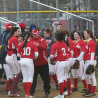 <p>North Rockland gets a pep talk from coach Jackie DiNuzzo before the bottom of the seventh.</p>