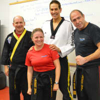 <p>A Thursday afternoon class just before the holidays at Northern Valley Martial Arts: (left to right) James Cooke, Katie McDermott, Master Charlie DiGirolamo, and Leonidas Tsiavos.</p>