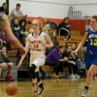 <p>Pawling&#x27;s Mackenzie Meissner (14) brings up ball, as North Salem&#x27;s Katie McCormack (13) follows.</p>
