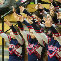 <p>Byram Hills cheerleaders support the team.</p>