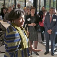 <p>Senator Andrea Stewart-Cousins speaks to the crowd at Wednesday&#x27;s reception.</p>