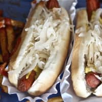 <p>Hot dogs smothered in sauerkraut at Noshi&#x27;s Coney Island in Poughkeepsie.</p>
