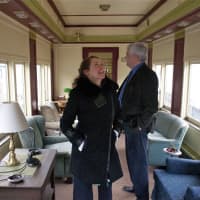 <p>Esty and Godfrey tour one of the old trains with elaborate interiors.</p>