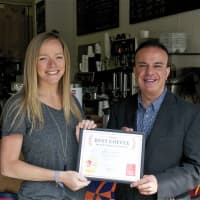<p>Hayfield&#x27;s Market owner Renea Dayton accepts DVLicious first-place certificate from Daily Voice Director of Media Initiatives/Managing Editor Joe Lombardi.</p>