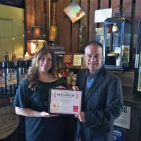 <p>Donna Massaro accepts DVLicious first-place certificate from Daily Voice Director of Media Initiatives/Managing Editor Joe Lombardi.</p>