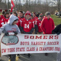<p>Coach Brian Lanzetta and players from the 2016 Class A state championship boys soccer team at Saturday&#x27;s state championship celebration.</p>