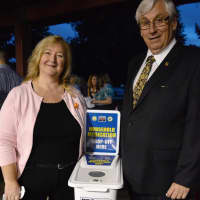 <p>Allendale Mayor Liz White and Mahwah Mayor Bill Laforet with a portable household medication drop-off box.</p>