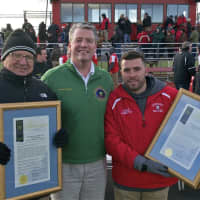 <p>State Senator Terrence Murphy (center) with state champ football coach Tony DeMatteo (L) and state champ soccer coach Brian Lanzetta.</p>