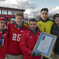 <p>Coach Brian Lanzetta and captains from the 2016 Class A state championship boys soccer team at Saturday&#x27;s state championship celebration.</p>