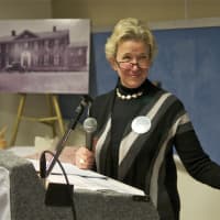 <p>Nancy Karch, Chairman of the Board of Trustees, speaks to the crowd Friday evening.</p>