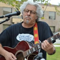 <p>Mario Vickram Sen of Hackensack, guitarist with Inner Gypsy, performs at the construction kickoff ceremony for the city&#x27;s new performing arts center. He was accompanied by Mario Giacaloni of Croton-on-Hudson, New York.</p>