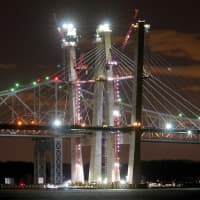 <p>Crews work on the new Tappan Zee Bridge day and night in anticipation of a 2018 opening.</p>