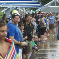 <p>Spectators and swimmers crowd around the pool at Lewisboro Saturday morning.</p>